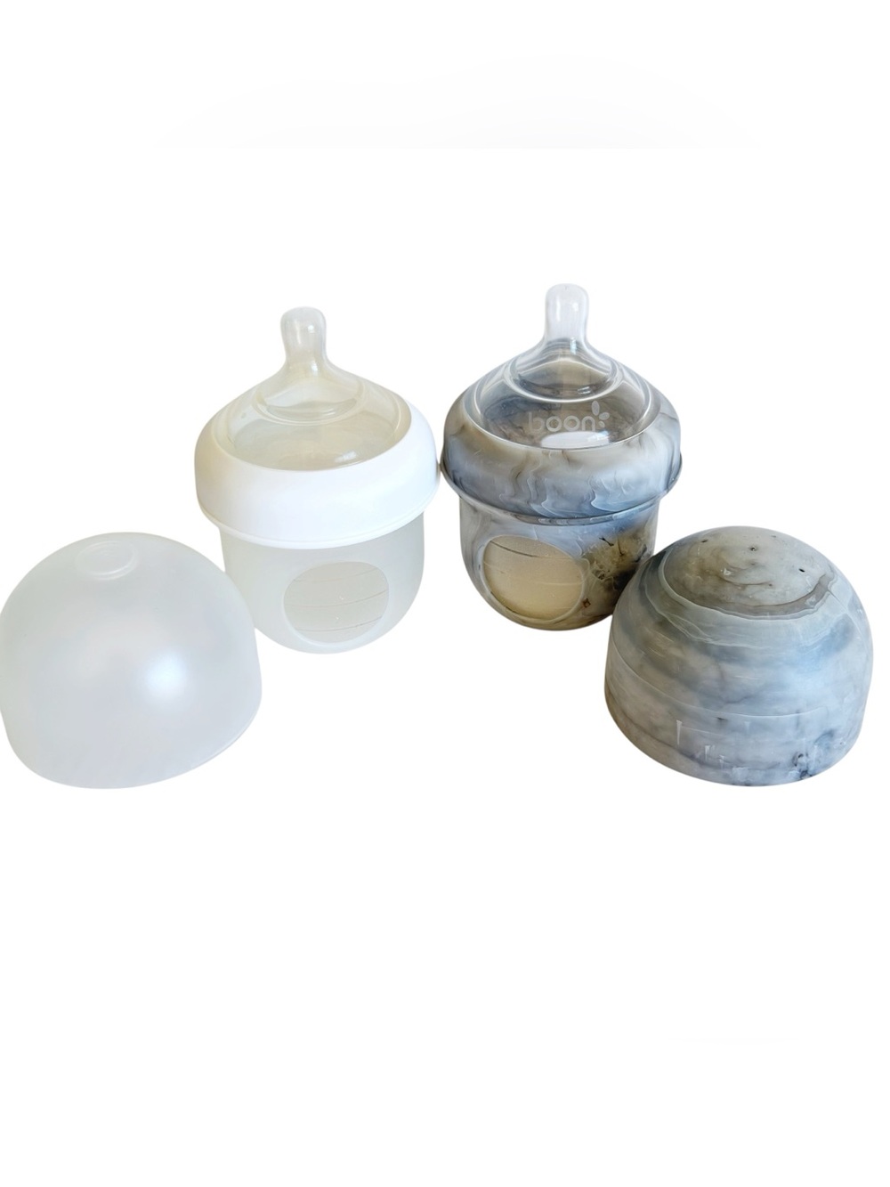 2 Pack Boon Nursh Silicone Pouch 4oz Bottles White Marble Gray Slow Flow Nipple